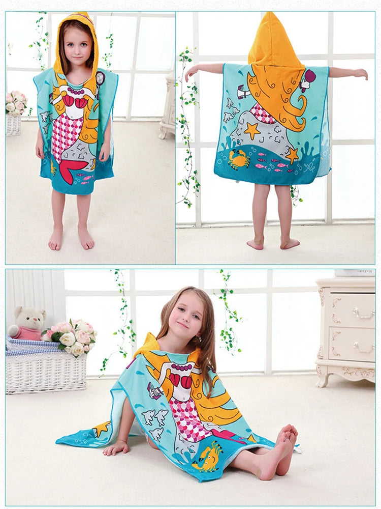 80-130cm Kids Hooded Bath Beach Poncho Towels Baby Quick Dry Bathrobe Child Cartoon Poncho Towels Microfiber Swim Cover-ups