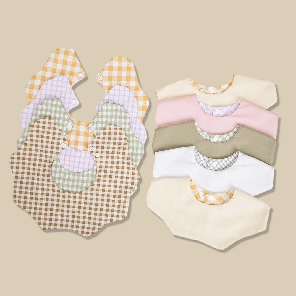 360° Cotton Baby Bibs for Kids Boys Girls Plaid Saliva Towel Cute Korea Rotativo Petal Neck Adjustable Button Feeding Burp Cloth
