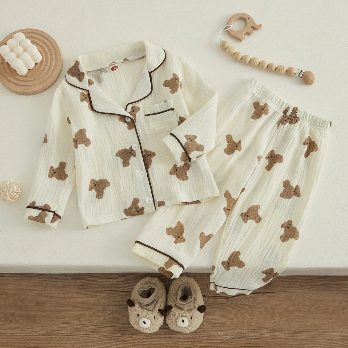 VISgogo Kids Unisex Cotton Linen Pajama Suit Bear Print Long Sleeve Front Pocket Lapel Tops Long Pants Spring Clothes Casual Set
