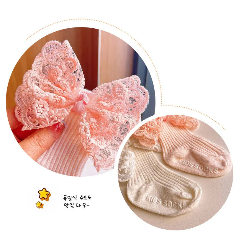 2Pcs Baby Bow Headband Socks Set Toddler Boys Girls Lace Print Bowknot Elastic Hairband Turban Solid Soft Sock Kids Accessories