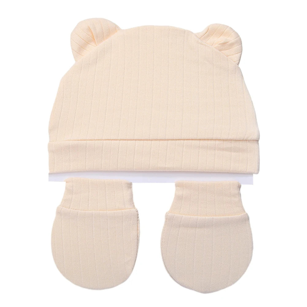 3Pcs/Set Cute Cotton Baby Hats Newborn Bonnet Gloves Mittens Beanies Bear Ear Shape Gift Photo Props Infant 0-3M Clothing
