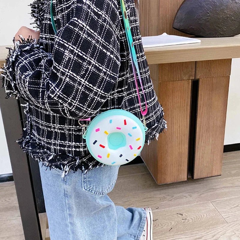 Round Donut Crossbody Bag Child Child Girl Children Shoulder Bag Adjustable Strap Vacation Travel Rainbow Printed Pocket Package