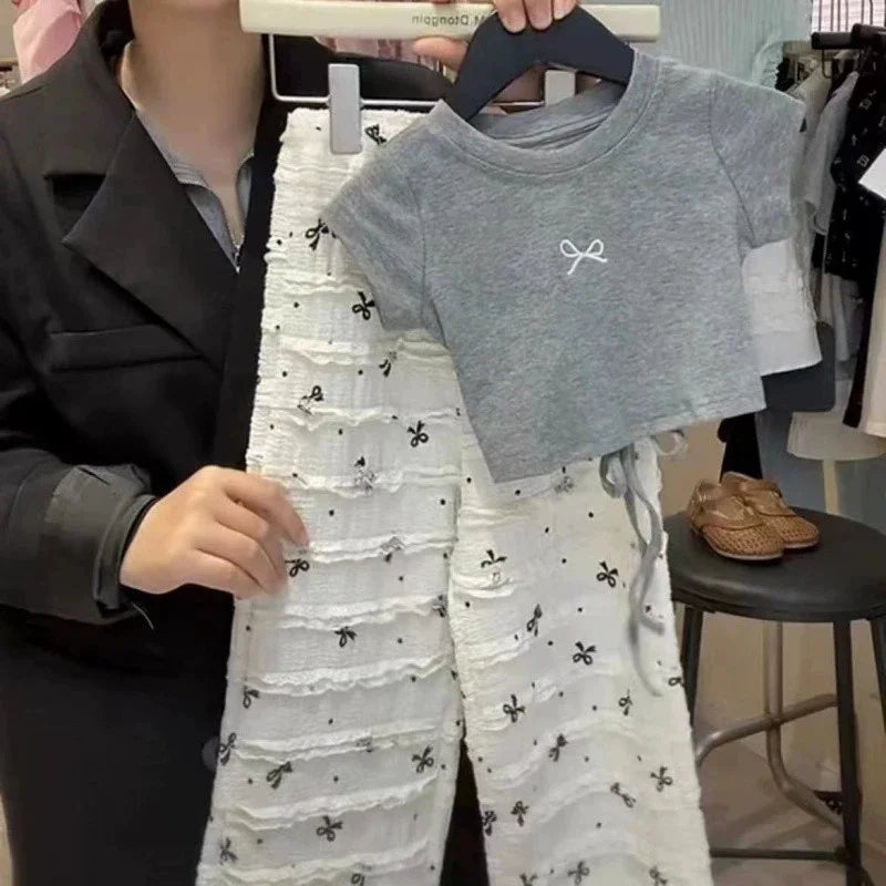 Girls Fashion Blouse Sets Summer Bow Tops Suits New Baby Short Sleeve T-Shirt Pants 2 Piece Summer Sweet Casual Kids Clothing