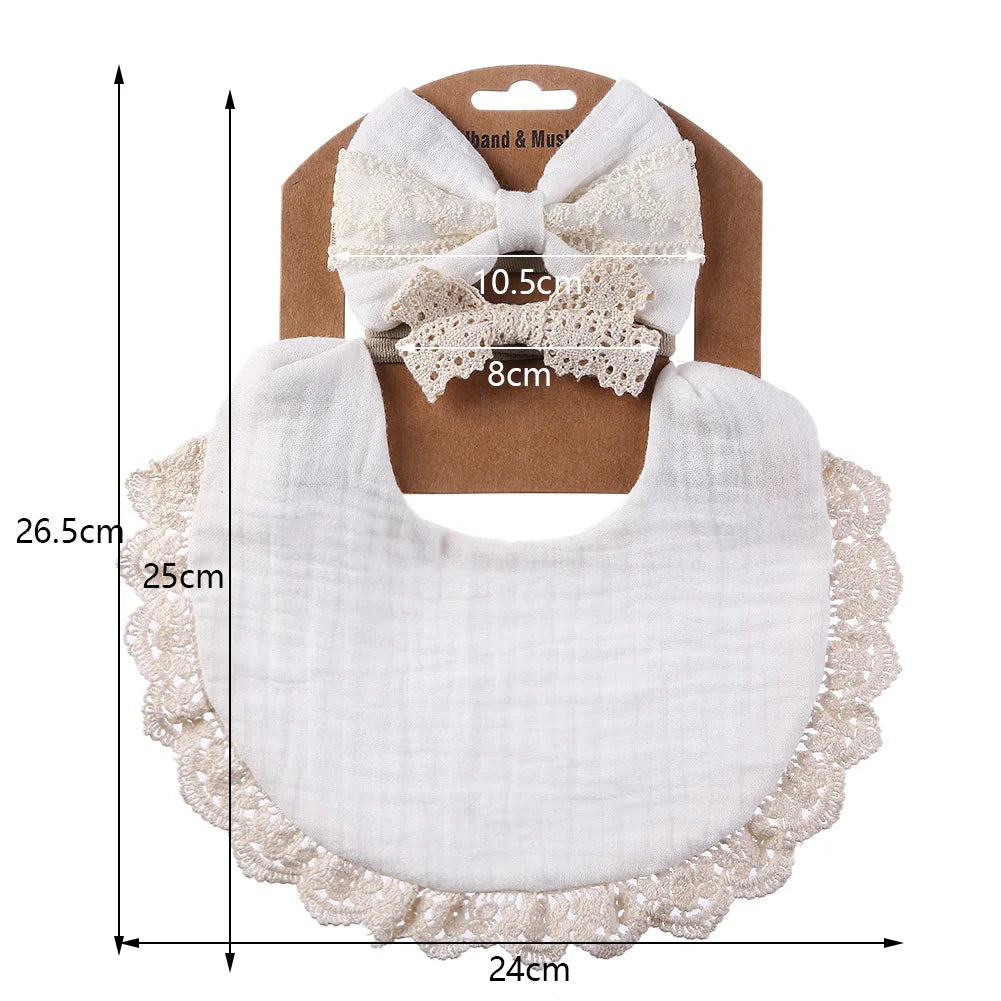 3Pcs/set Solid Muslin Cotton Baby Bibs & Lace Headbands Princess Boys Girls Saliva Towel Feeding Burp Cloths Nylon Hair Bands