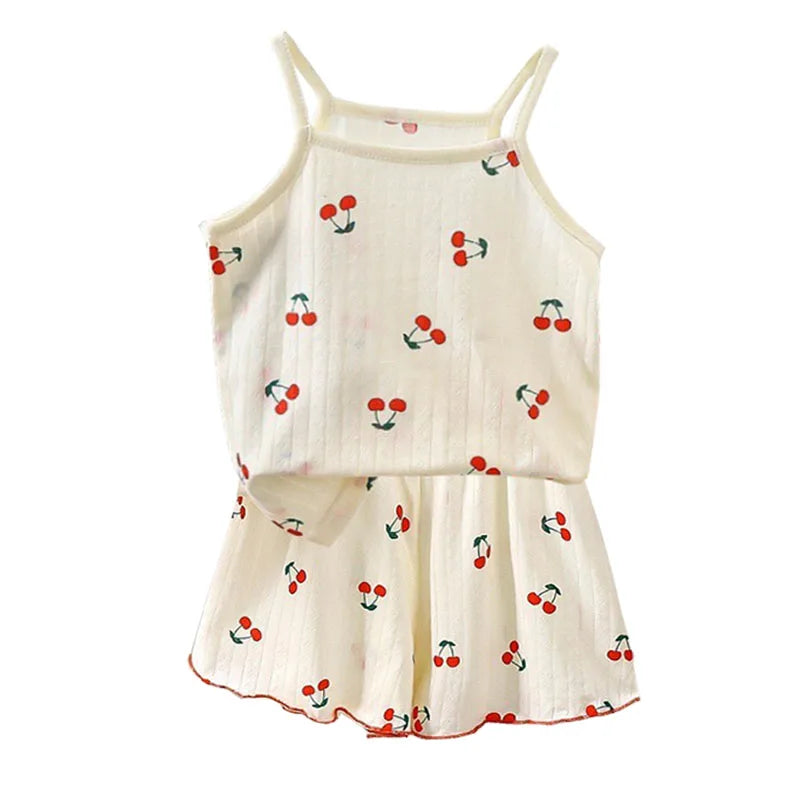 Summer Camisole Sling Tops+Shorts 2-Piece Set Girl's Soft Cotton Pajamas Fashion Cartoon Print Kids Home Clothes Casual Suit New