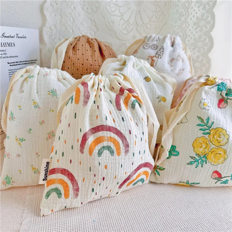 Printed Flower Mommy Bag Baby Diaper Bag Cotton Nappy String Pocket Stroller Carry Pack Travel Outdoor Diaper Storage Bag