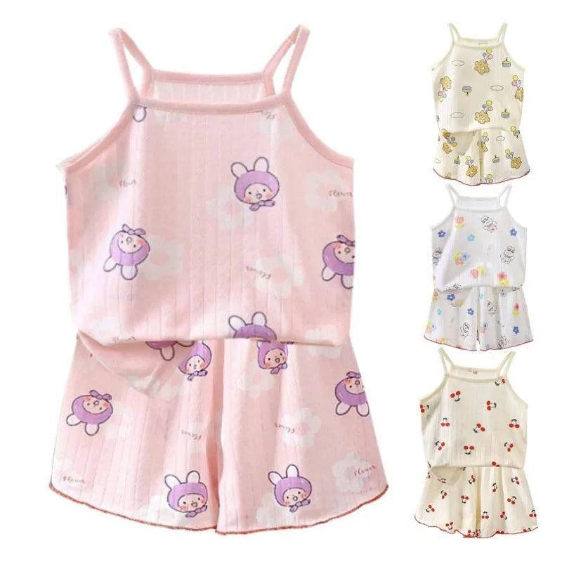 Summer Camisole Sling Tops+Shorts 2-Piece Set Girl's Soft Cotton Pajamas Fashion Cartoon Print Kids Home Clothes Casual Suit New