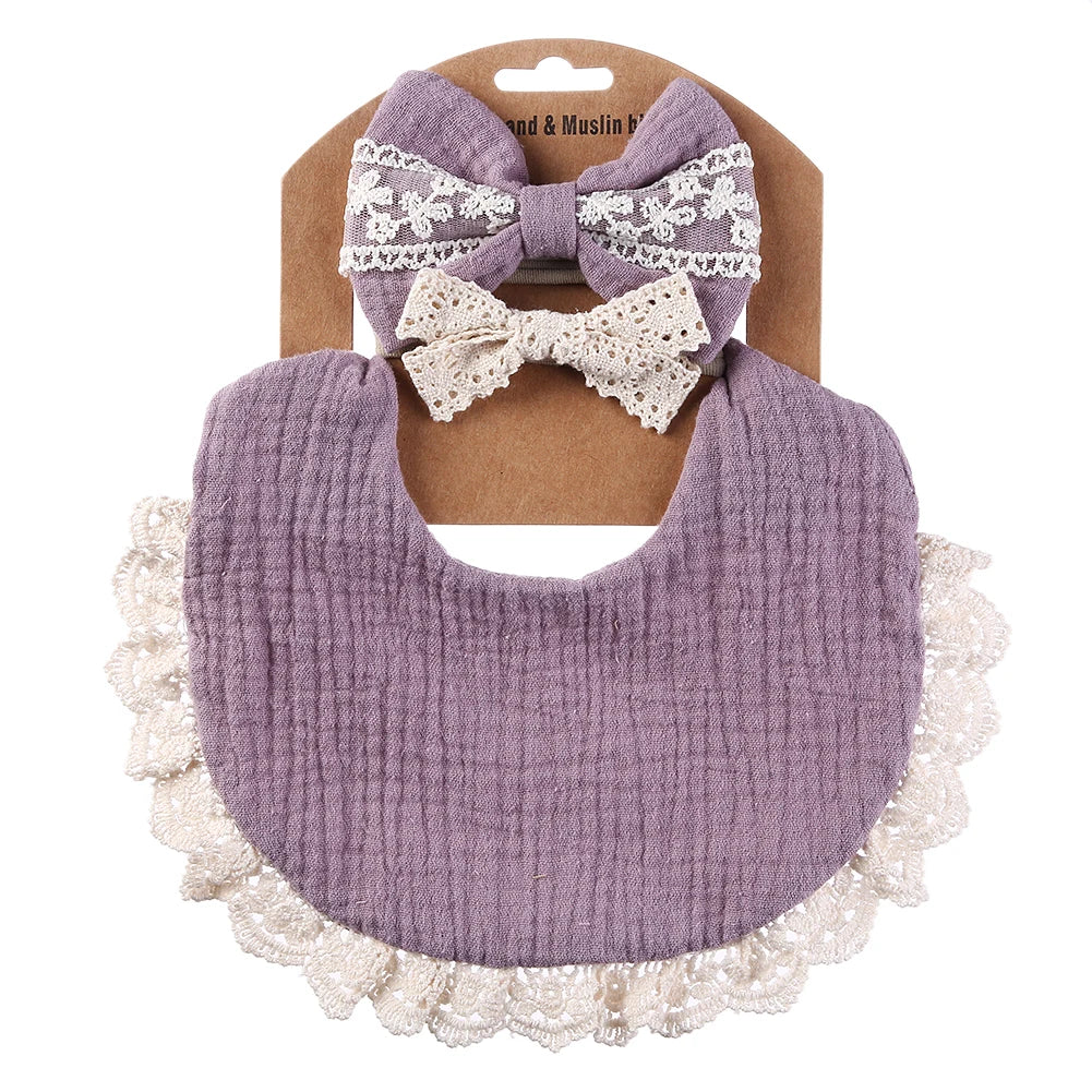 3Pcs/set Solid Muslin Cotton Baby Bibs & Lace Headbands Princess Boys Girls Saliva Towel Feeding Burp Cloths Nylon Hair Bands