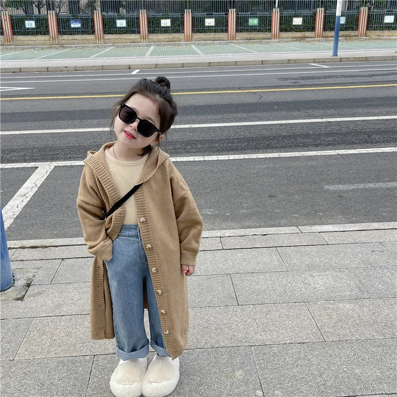 Girls Fashion Cardigan Jackets New Kids Spring Autumn Casual Coats Children Hooded Trend Long Jumper Versatile Knitted Clothing
