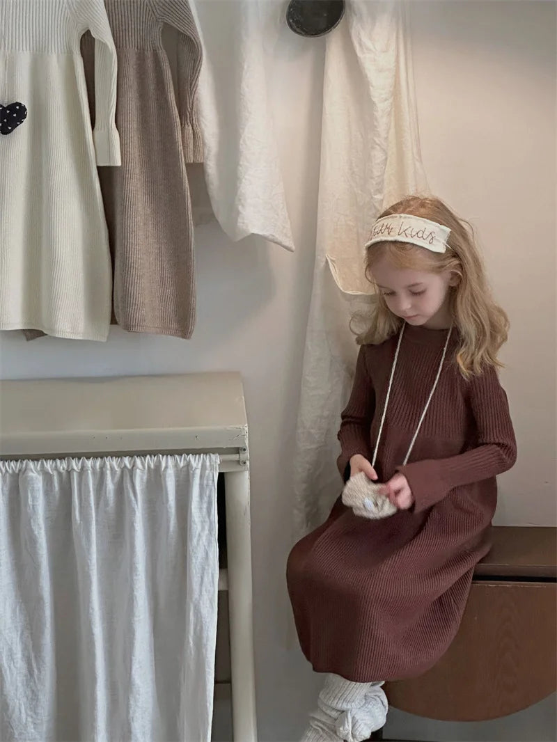 Girls Knitted Dress 2024 Autumn Winter New Children Gown Princess Solid Color Vestidos Kids Fashion Sweater Dresses Baby Clothes