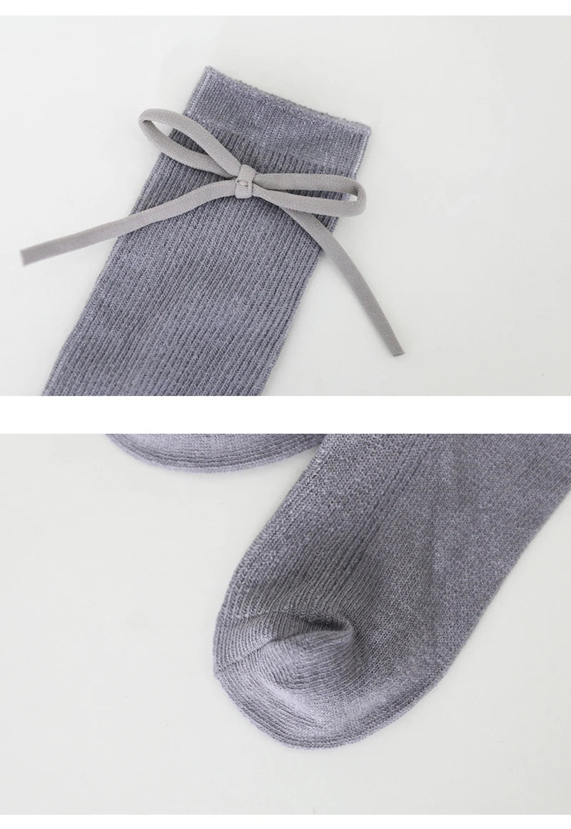 Autumn Kids Knee High Socks Baby Girls Boys Bowknot Flat Long Sock Soft Cotton Solid Children Princess Socken For 0-7 Years
