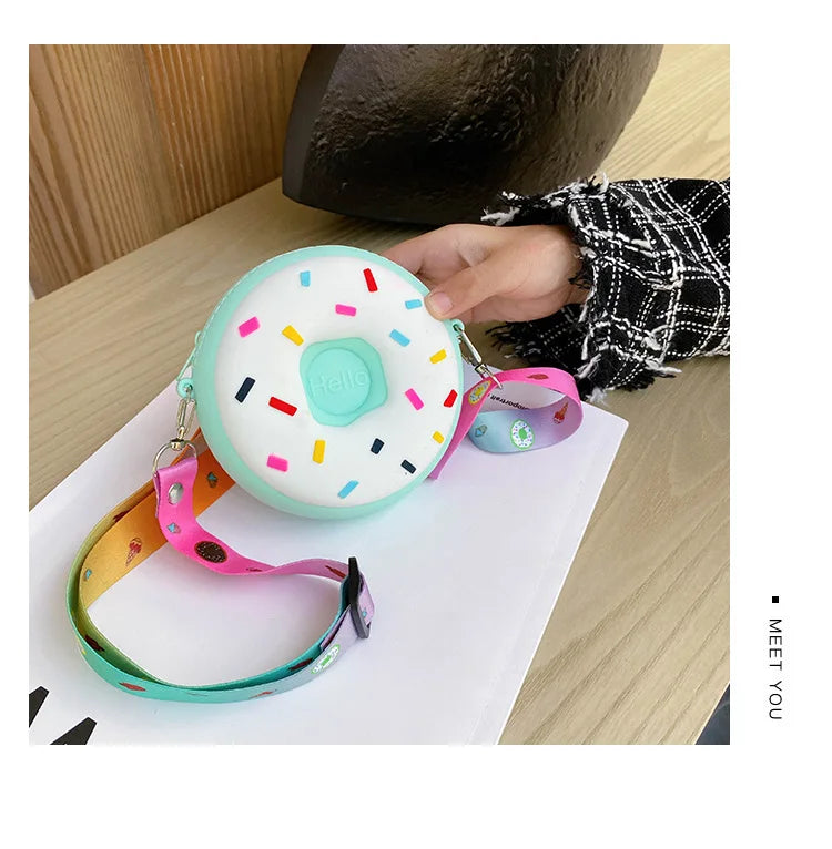 Round Donut Crossbody Bag Child Child Girl Children Shoulder Bag Adjustable Strap Vacation Travel Rainbow Printed Pocket Package
