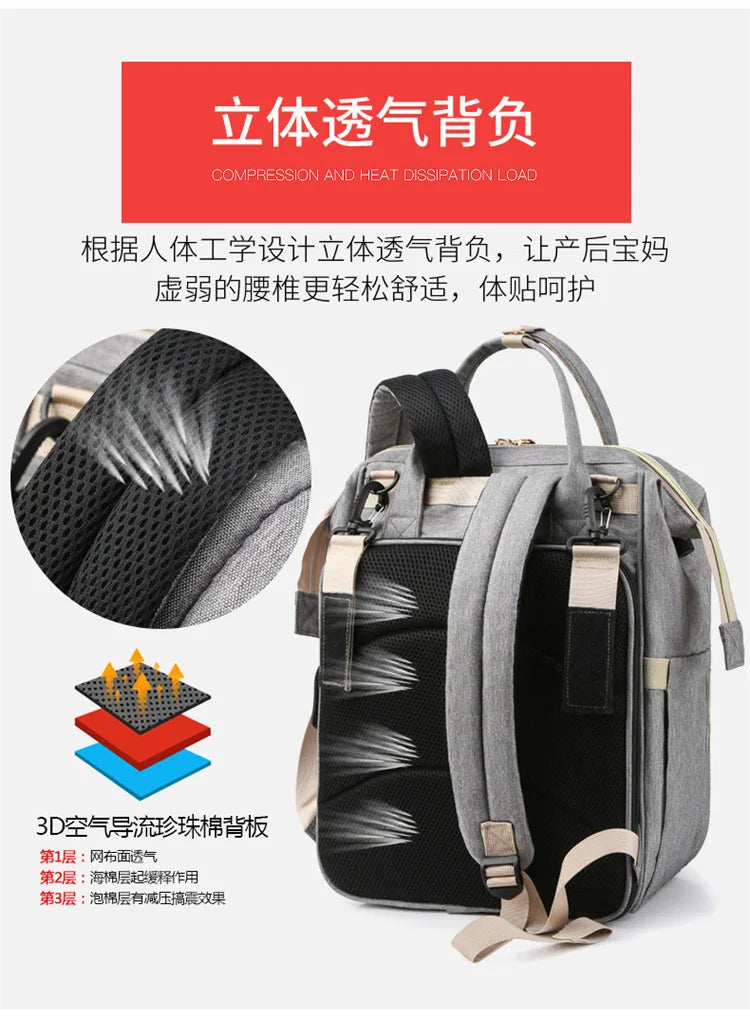 Mummy Backpack With Foldable Crib Soft Mattress Multifunctional Mommy Bags Baby Bottle Insulation Storage Bags Diaper Organizer