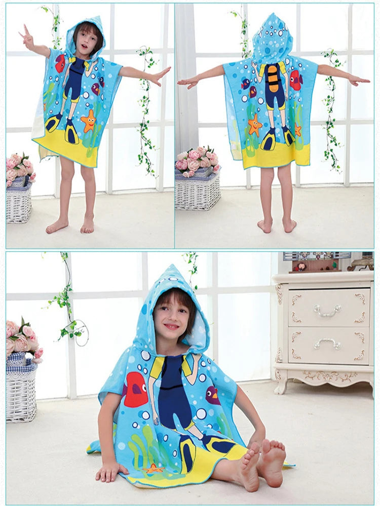 80-130cm Kids Hooded Bath Beach Poncho Towels Baby Quick Dry Bathrobe Child Cartoon Poncho Towels Microfiber Swim Cover-ups