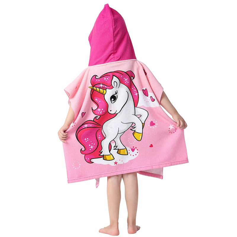 80-130cm Kids Hooded Bath Beach Poncho Towels Baby Quick Dry Bathrobe Child Cartoon Poncho Towels Microfiber Swim Cover-ups