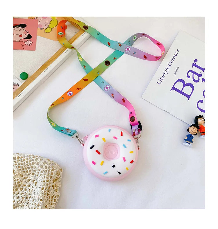 Round Donut Crossbody Bag Child Child Girl Children Shoulder Bag Adjustable Strap Vacation Travel Rainbow Printed Pocket Package