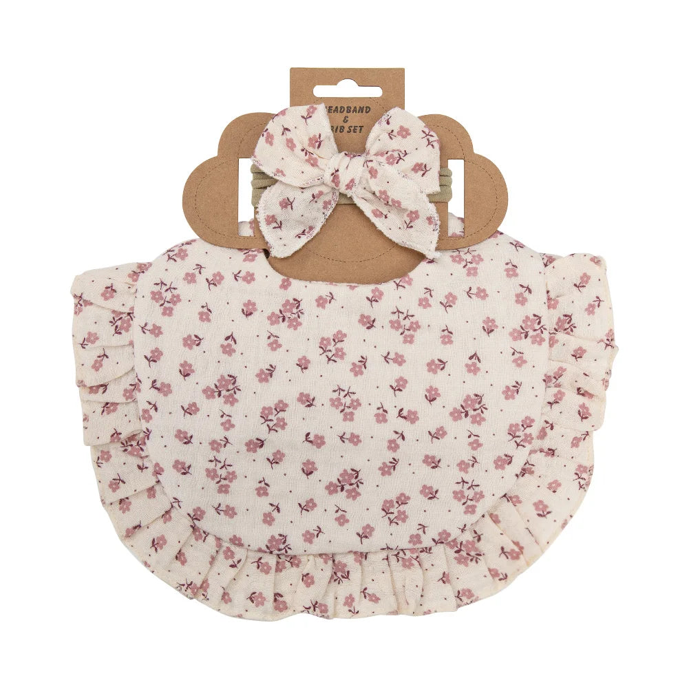 2Pcs/Set Ruffled Edge Muslin Cotton Baby Bibs Hair Bows Girls Headbands Flower Print Saliva Towel Feeding Burp Cloths Scarf