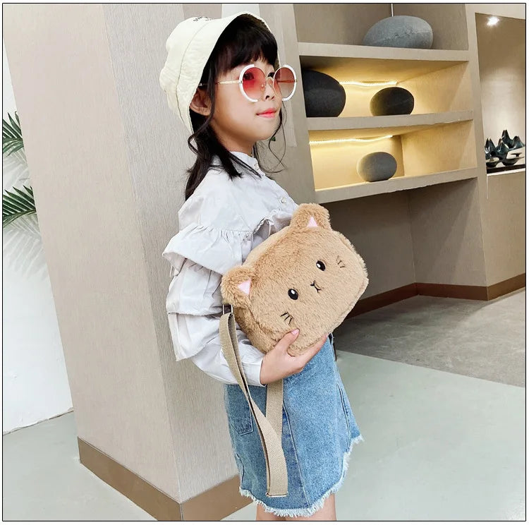 1 Piece Cute Kids Bag for Girls Kawaii Cartoon Animal Cat Messenger Bag for Children Portable High Capacity Outdoor Plush Bag