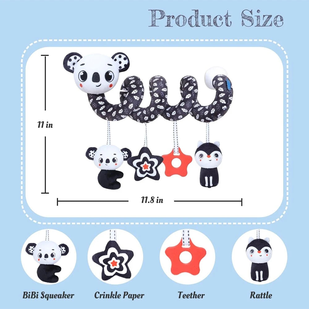 Newborns Spiral Hanging Activity Stroller Toy Baby Carseat Toy Black & White Lion Koala Rattle for Crib Mobile Sensory Toy Gift