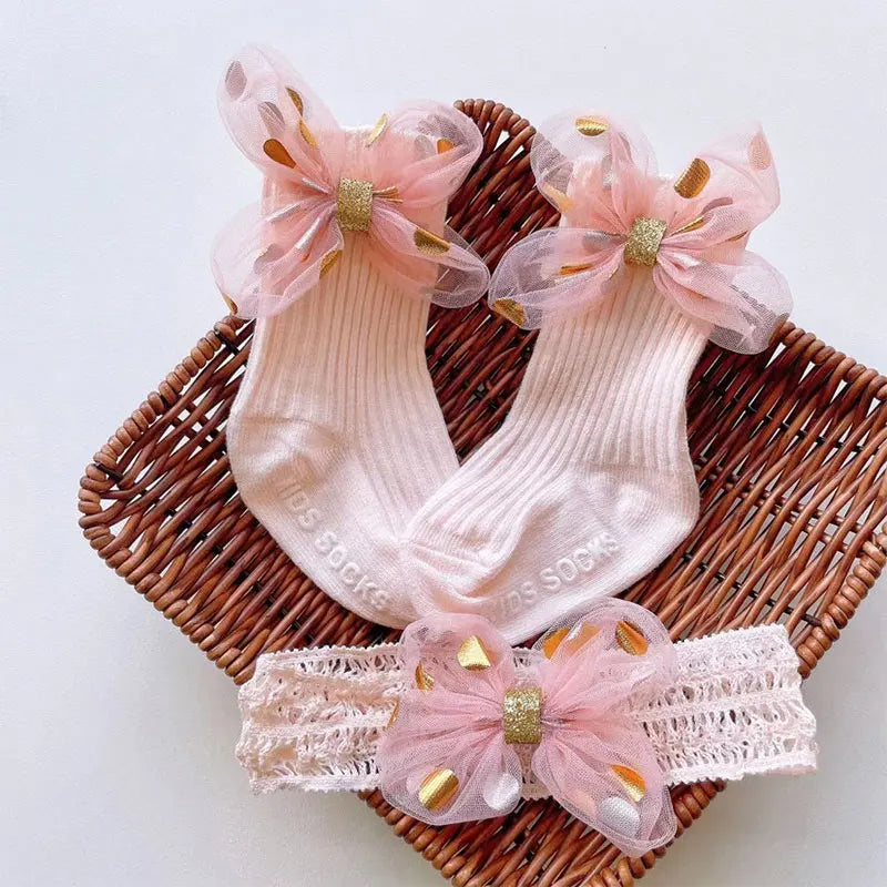 2Pcs Baby Bow Headband Socks Set Toddler Boys Girls Lace Print Bowknot Elastic Hairband Turban Solid Soft Sock Kids Accessories