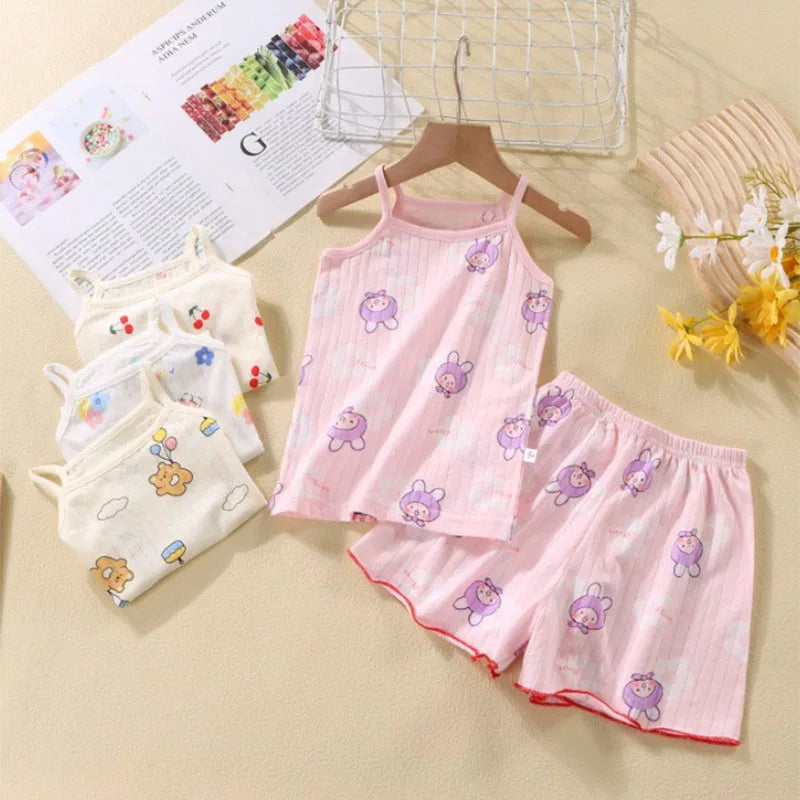 Summer Camisole Sling Tops+Shorts 2-Piece Set Girl's Soft Cotton Pajamas Fashion Cartoon Print Kids Home Clothes Casual Suit New