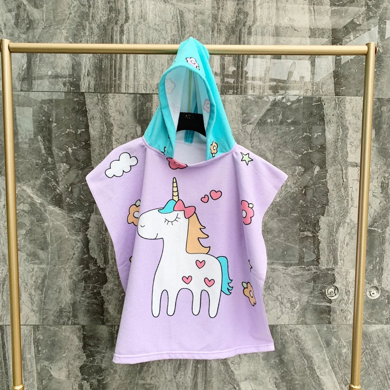 80-130cm Kids Hooded Bath Beach Poncho Towels Baby Quick Dry Bathrobe Child Cartoon Poncho Towels Microfiber Swim Cover-ups