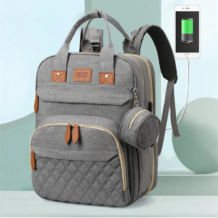 Folding Mommy Bag with USB Port and Shade Cloth Mosquito Net Portable Folding Crib Bed Multi Function Pee Pad Mother Baby Bag