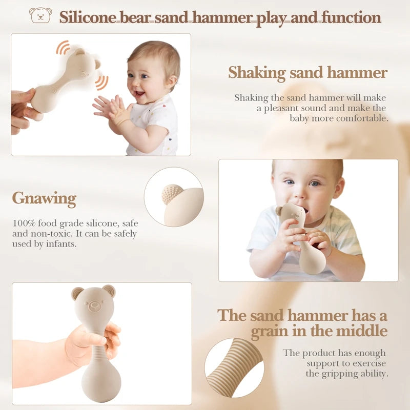 Baby Silicone Sand Hammer Toys 0 12 Months Baby Teether Toys Cartoon Bear Make Hoise Maracas Silicone Accessories for Babies