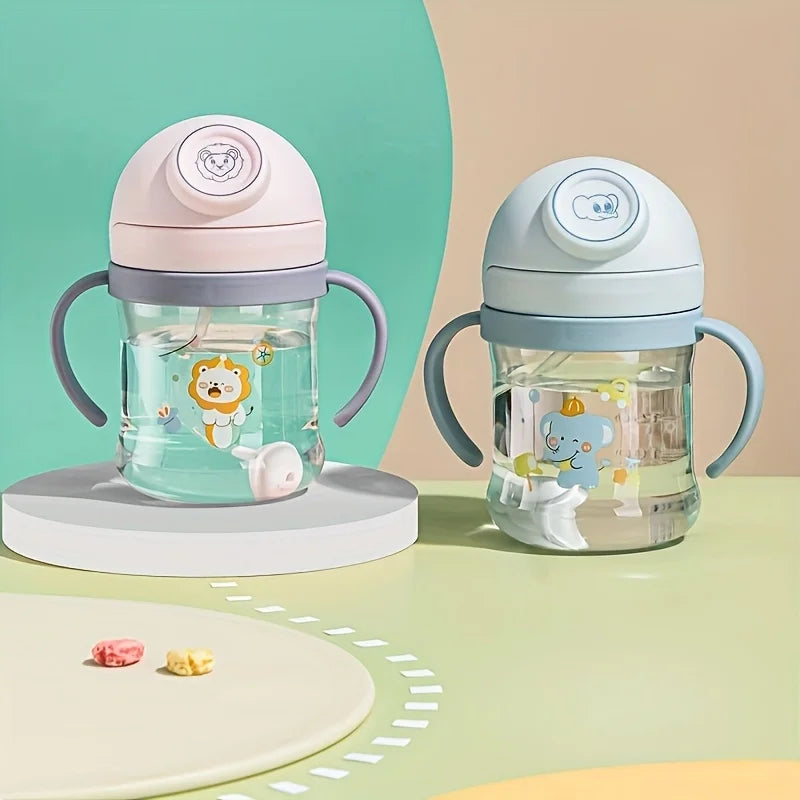 250ml/8oz Cute Cartoon Straw Cup with Handle, Gravity Ball, Sippy Cup, Perfect Water Bottle Gift for Outdoor Daily Use