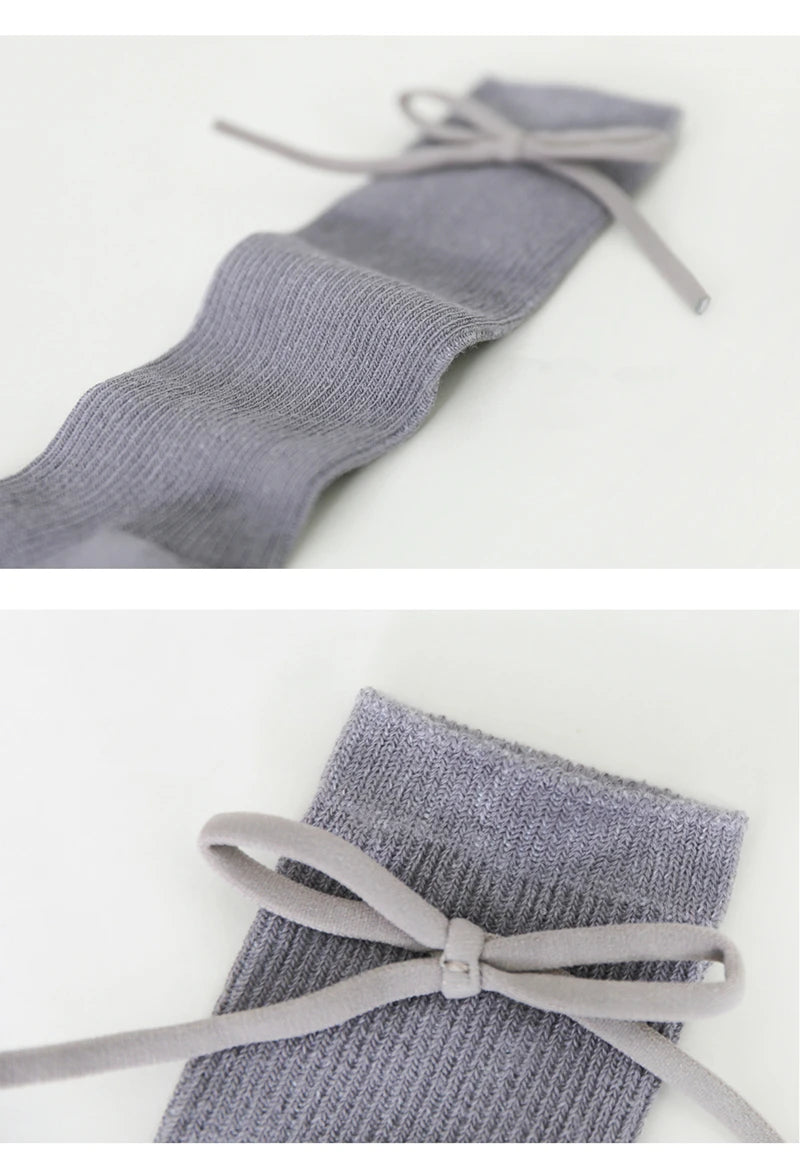 Autumn Kids Knee High Socks Baby Girls Boys Bowknot Flat Long Sock Soft Cotton Solid Children Princess Socken For 0-7 Years
