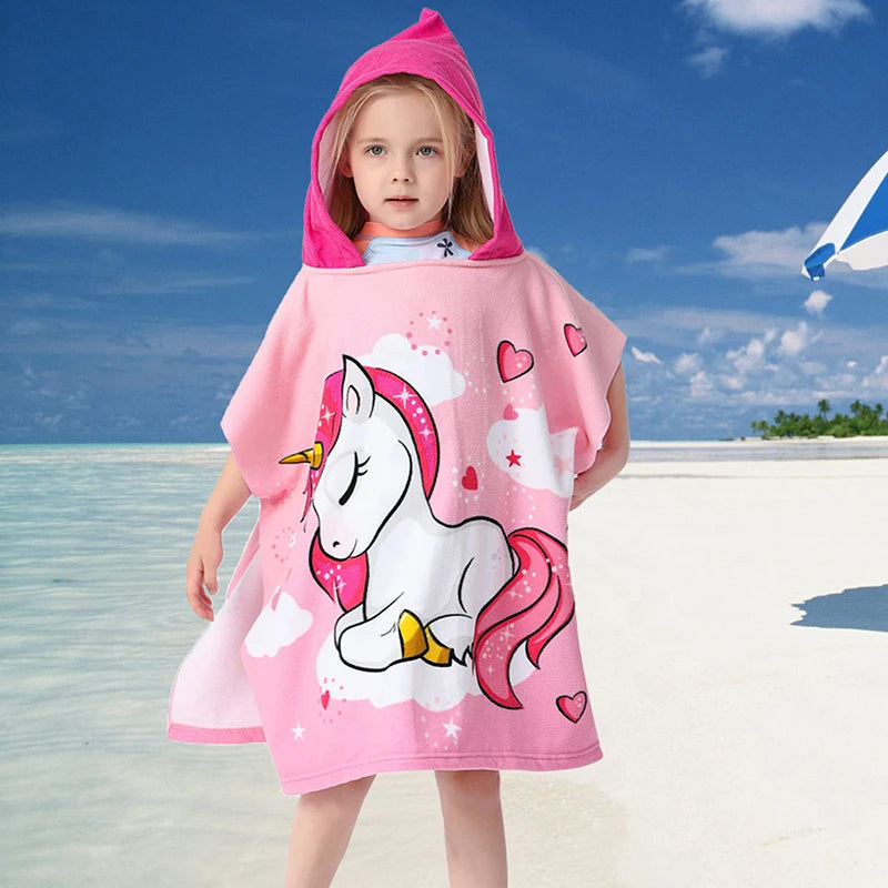 80-130cm Kids Hooded Bath Beach Poncho Towels Baby Quick Dry Bathrobe Child Cartoon Poncho Towels Microfiber Swim Cover-ups
