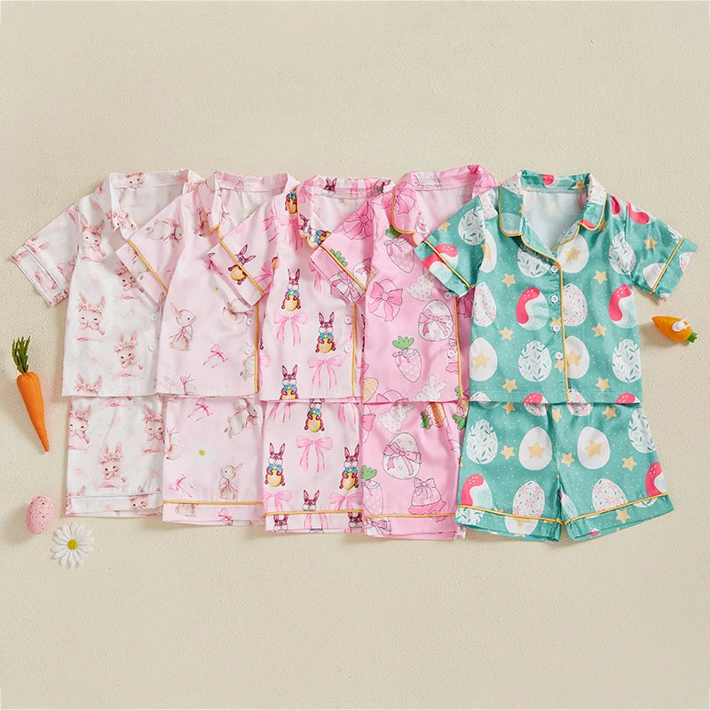 Kids Easter Satin Pajamas Set with Bunny Print Short Sleeve Lapel Button Down Tops and Shorts Sleepwear for Boys and Girls