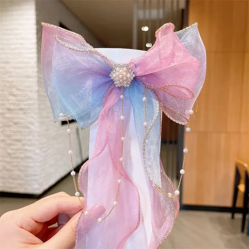 Elegant Creative Trendy Mesh Gradient Bow Tassel Hair Clips Decorative Hair Accessories For Holiday Party Girls Accessories