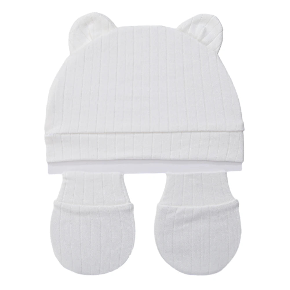 3Pcs/Set Cute Cotton Baby Hats Newborn Bonnet Gloves Mittens Beanies Bear Ear Shape Gift Photo Props Infant 0-3M Clothing