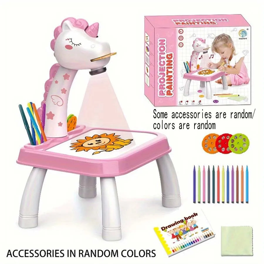 Children's projection painting table, pony shape, graffiti drawing board, electric with music, wipeable drawing board, baby earl
