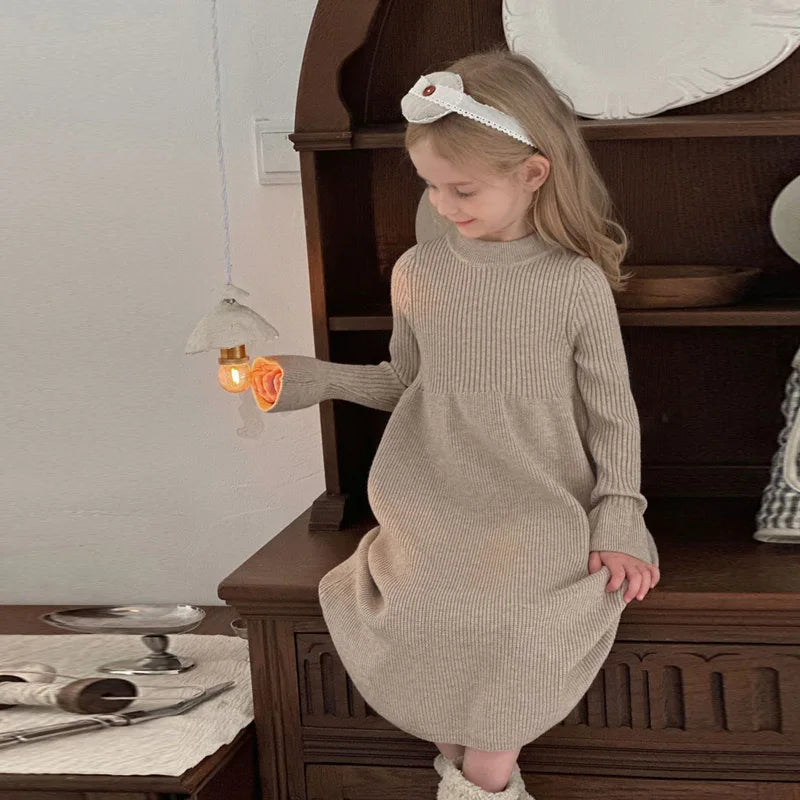 Girls Knitted Dress 2024 Autumn Winter New Children Gown Princess Solid Color Vestidos Kids Fashion Sweater Dresses Baby Clothes
