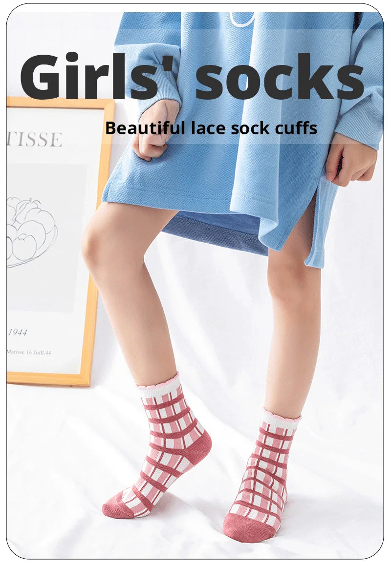 5 Pairs Pink Flower Knit Warm Childrens Socks For Girls Socks Kids Womens Cute Cartoon Medium Stockings