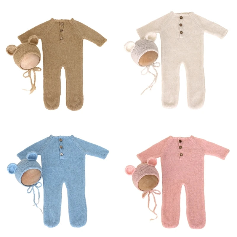 Baby Outfit Newborn Photography Props mohair Knitted Bear Rompers Footed Jumpsuit Hat 2pcs/Sets Photography Clothing Accessories