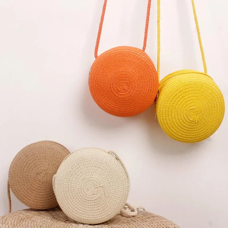 Baby Girl Fashion Casual Solid Straw Shoulder Bags Backpack Accessories Kids Coin Purse Kids Children Cute Round Messenger Bag