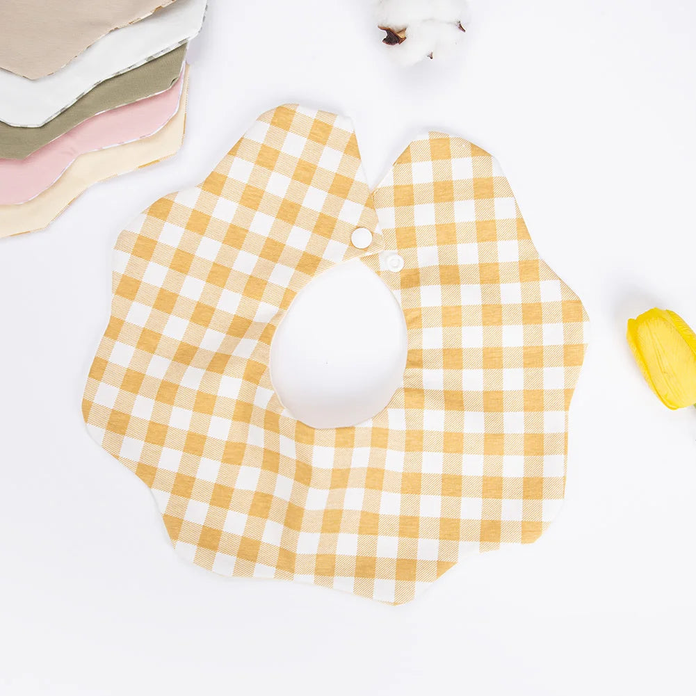 360° Cotton Baby Bibs for Kids Boys Girls Plaid Saliva Towel Cute Korea Rotativo Petal Neck Adjustable Button Feeding Burp Cloth