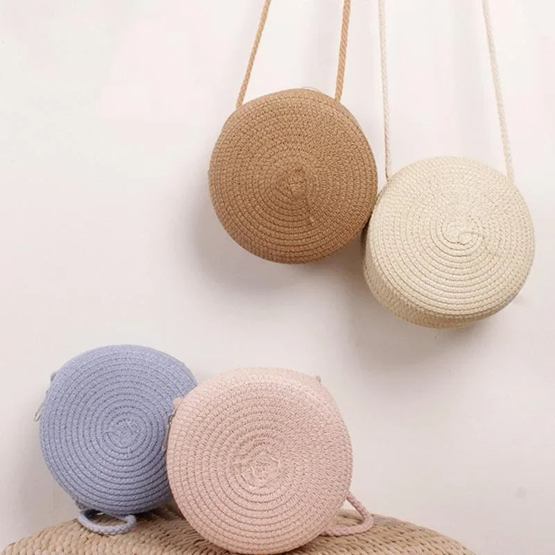 Baby Girl Fashion Casual Solid Straw Shoulder Bags Backpack Accessories Kids Coin Purse Kids Children Cute Round Messenger Bag