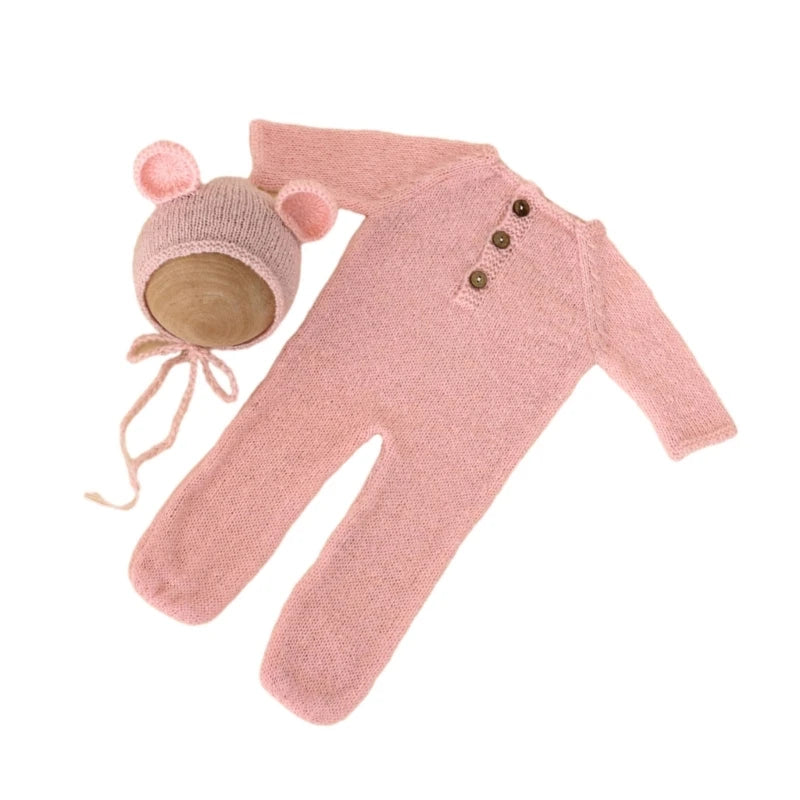 Baby Outfit Newborn Photography Props mohair Knitted Bear Rompers Footed Jumpsuit Hat 2pcs/Sets Photography Clothing Accessories
