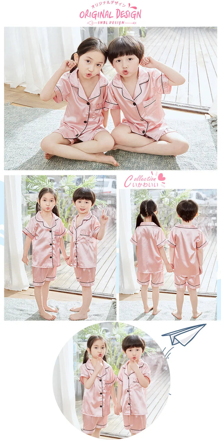 2024 New Summer Children Clothes Pajama Set Stain Silk Soft Solid Color Comfortable Clothing Kids Girls Boys Pajamas Sleepwear