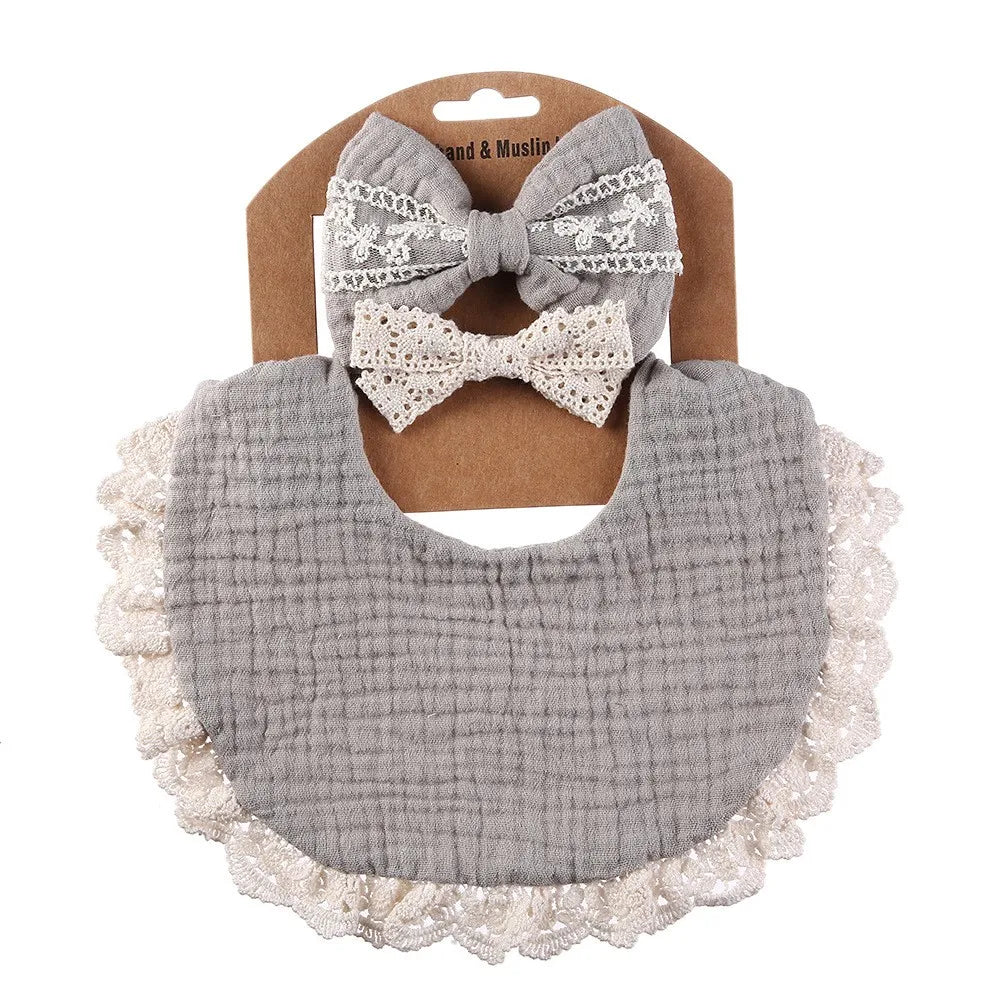 3Pcs/set Solid Muslin Cotton Baby Bibs & Lace Headbands Princess Boys Girls Saliva Towel Feeding Burp Cloths Nylon Hair Bands