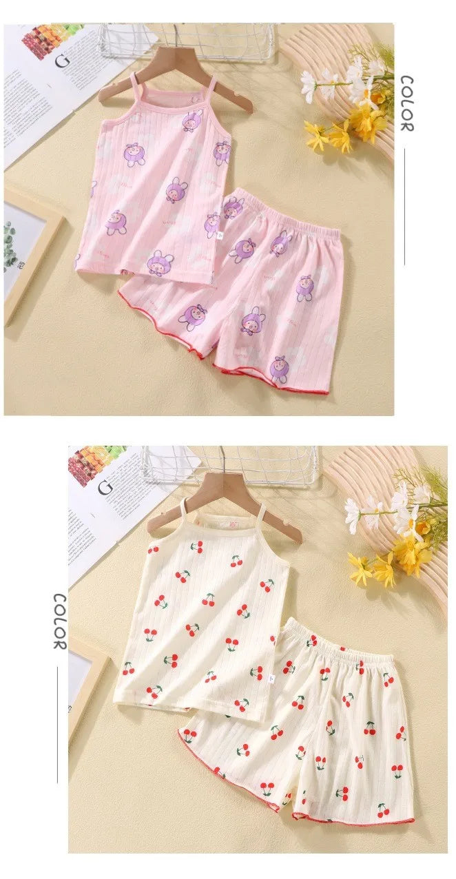 Summer Camisole Sling Tops+Shorts 2-Piece Set Girl's Soft Cotton Pajamas Fashion Cartoon Print Kids Home Clothes Casual Suit New