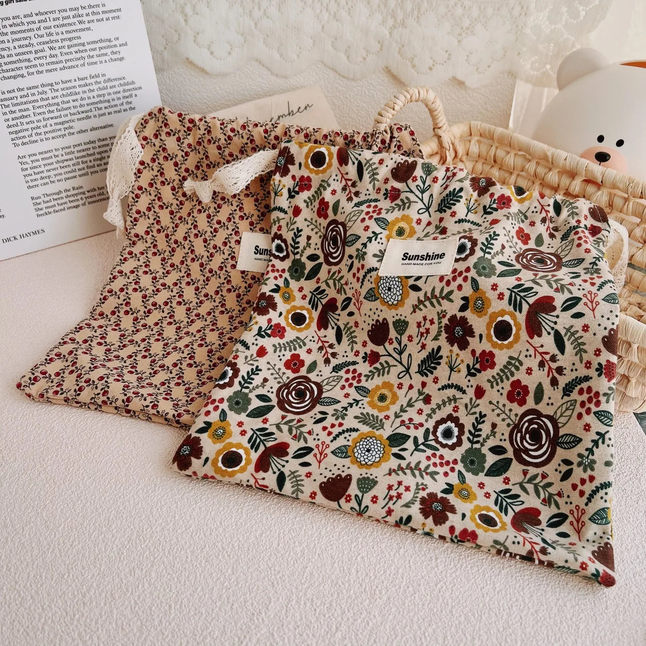 Printed Flower Mommy Bag Baby Diaper Bag Cotton Nappy String Pocket Stroller Carry Pack Travel Outdoor Diaper Storage Bag