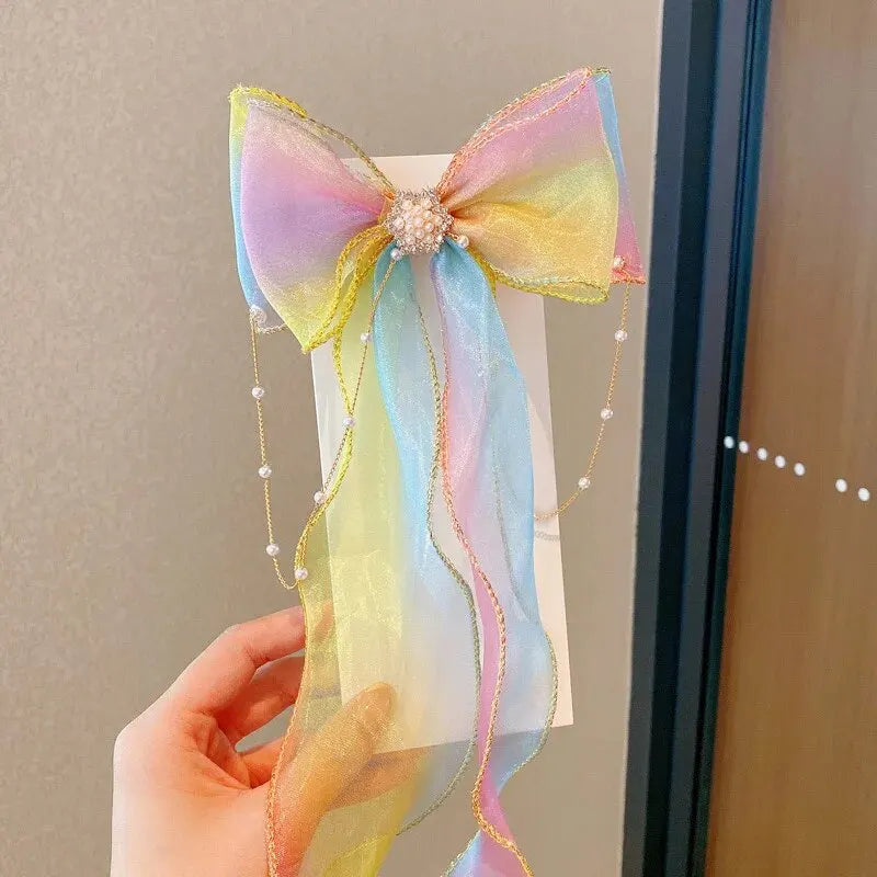 Elegant Creative Trendy Mesh Gradient Bow Tassel Hair Clips Decorative Hair Accessories For Holiday Party Girls Accessories