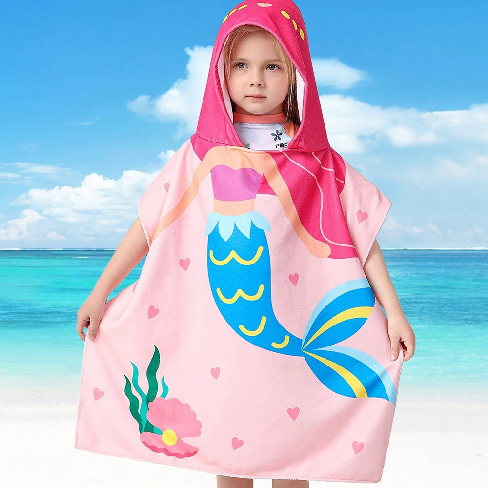 80-130cm Kids Hooded Bath Beach Poncho Towels Baby Quick Dry Bathrobe Child Cartoon Poncho Towels Microfiber Swim Cover-ups