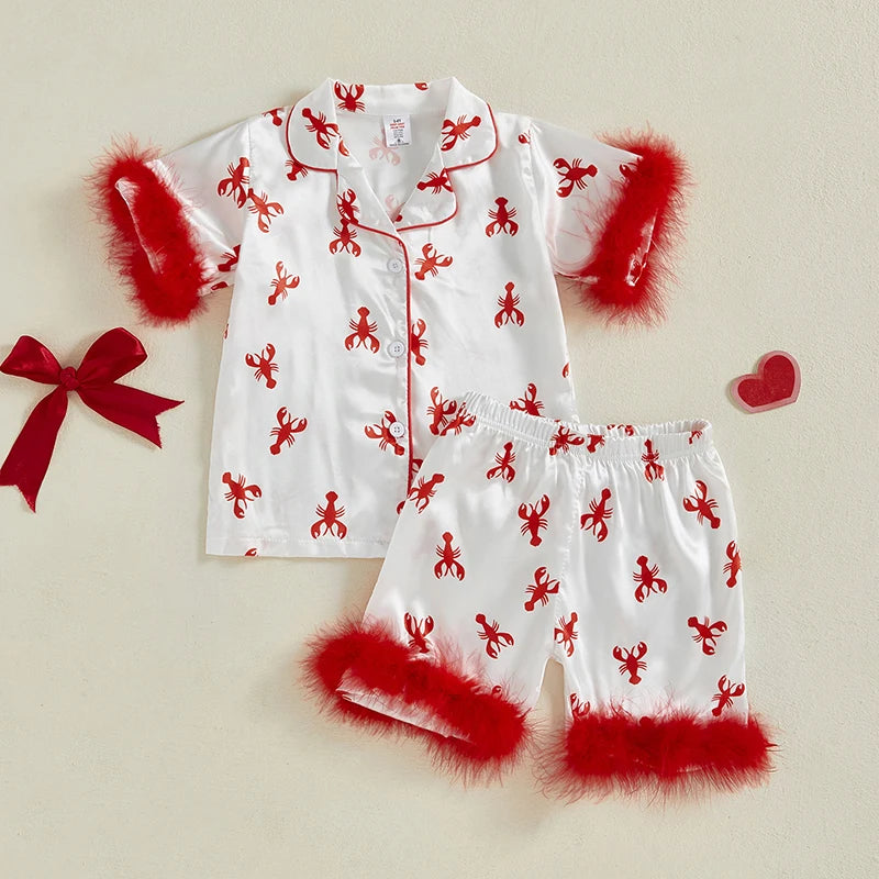 Children s Girls Pajama Set Lobster Polka Dot Print Short Sleeve Top with Elastic Waist Shorts Sleepwear for Kids