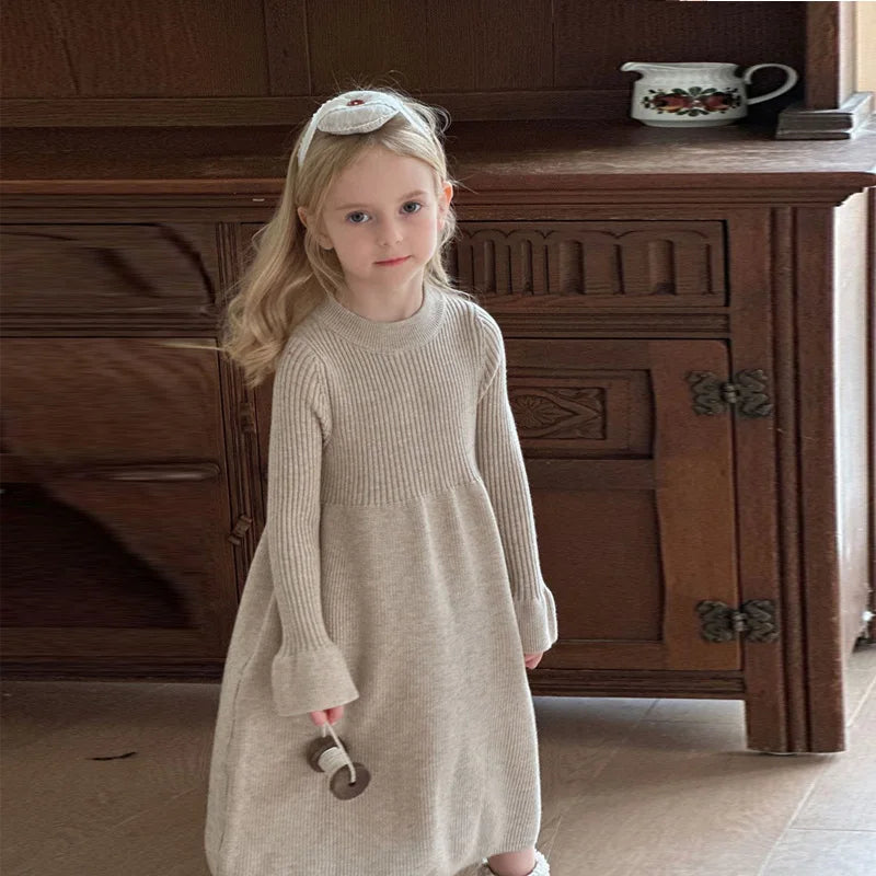 Girls Knitted Dress 2024 Autumn Winter New Children Gown Princess Solid Color Vestidos Kids Fashion Sweater Dresses Baby Clothes